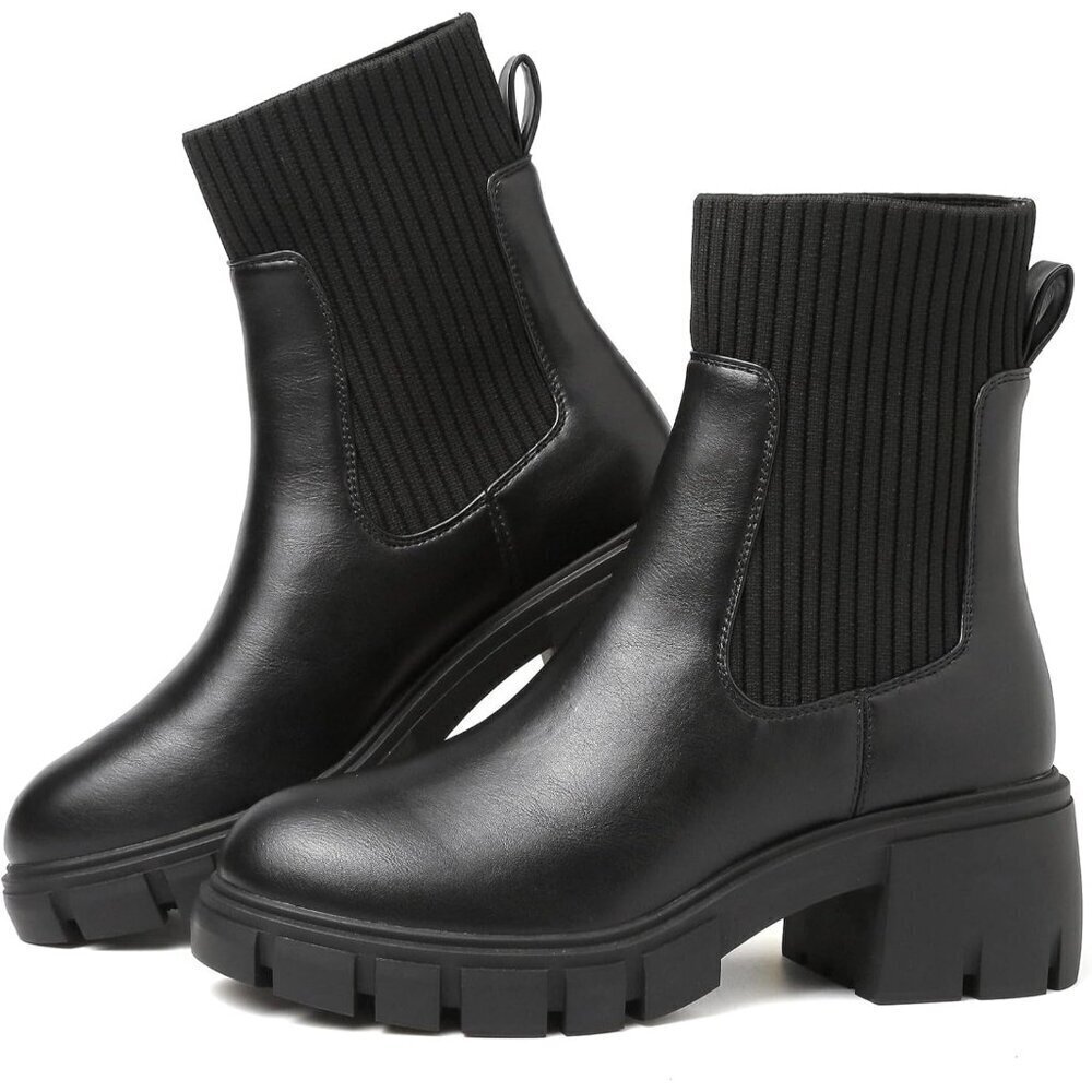 BKWHDAY Women's Black Chelsea Platform Ankle Boots Fashion Chunky Heel